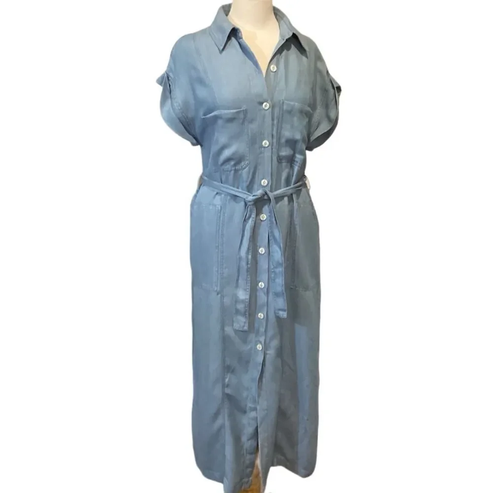 New Zara soft denim Shirt Midi Maxi belted Dress size Medium linen blend